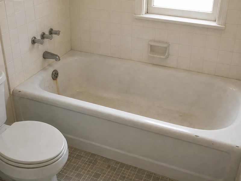 Worn cast-iron bathtub with rust staining and a dull surface before reglazing in an Old Quad home, Santa Clara