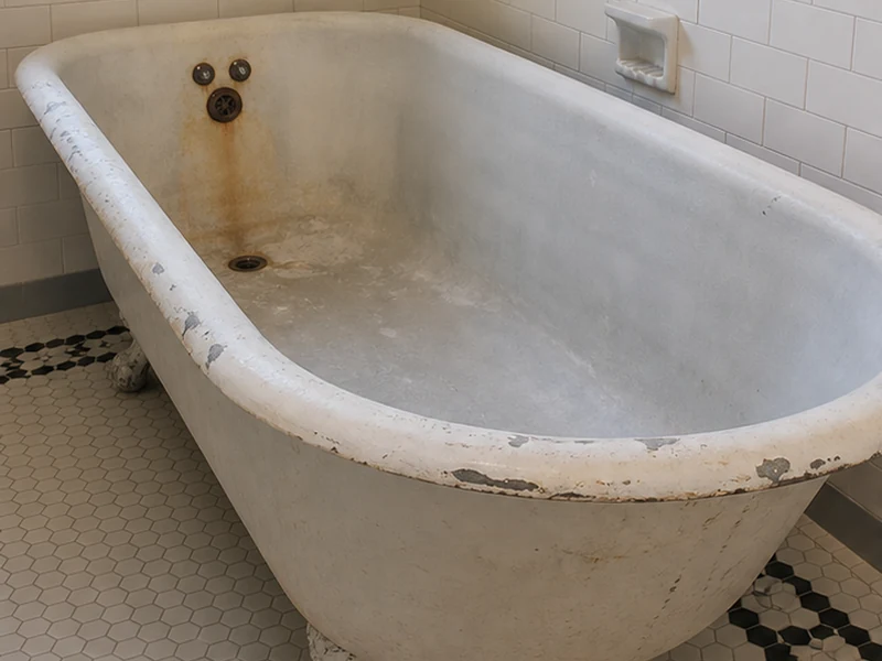 Worn antique clawfoot tub with rust staining and chalky glaze in an Old Quad home, Santa Clara