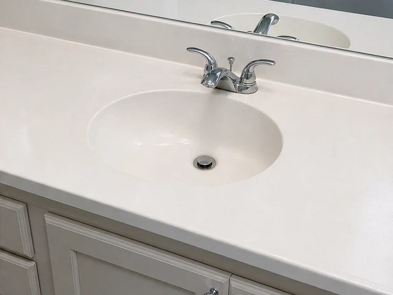 Refinished bright-white cultured-marble vanity top in a Rivermark Santa Clara condo