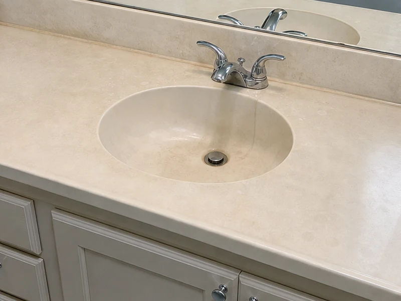 Yellowed, etched cultured-marble vanity top before refinishing in a Rivermark Santa Clara condo