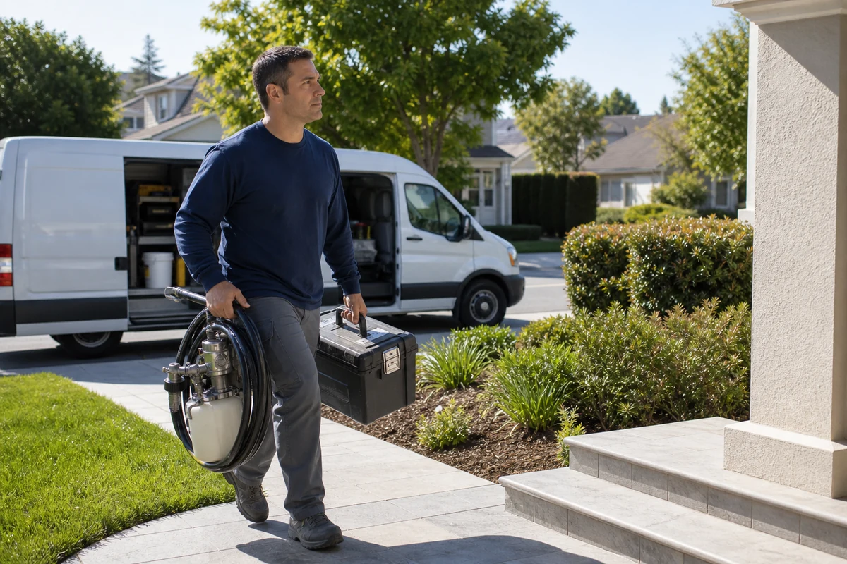 Refinishing technician carrying equipment to a tidy suburban Santa Clara home, work van at the curb