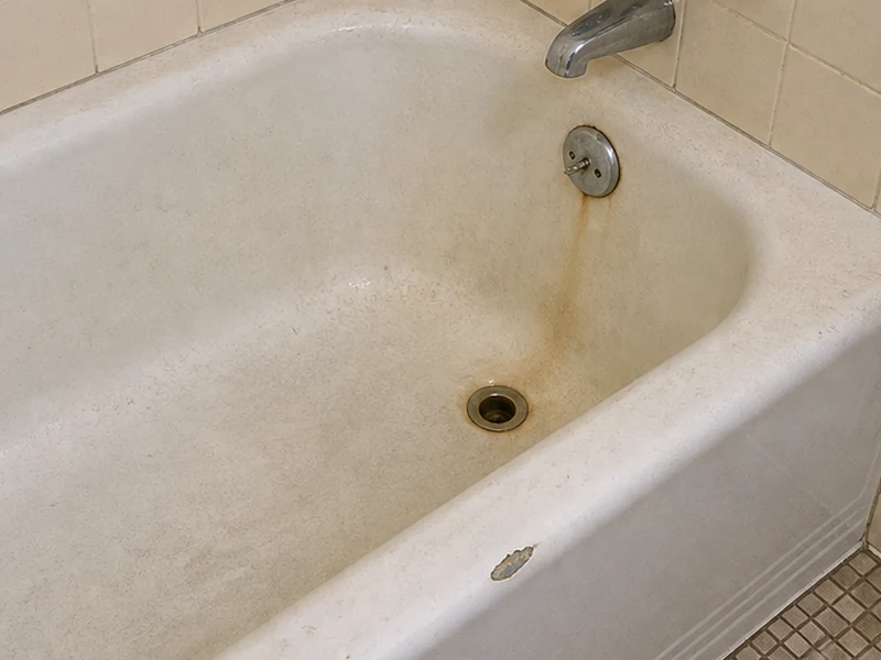 Worn cast-iron tub with rust staining and chalky enamel in a Northside home, Santa Clara