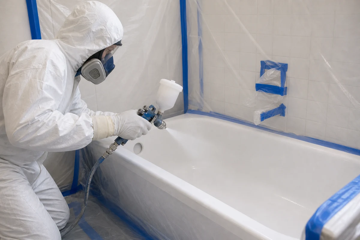Technician in a respirator spraying an even acrylic-urethane coat onto a bathtub with an HVLP gun, Santa Clara