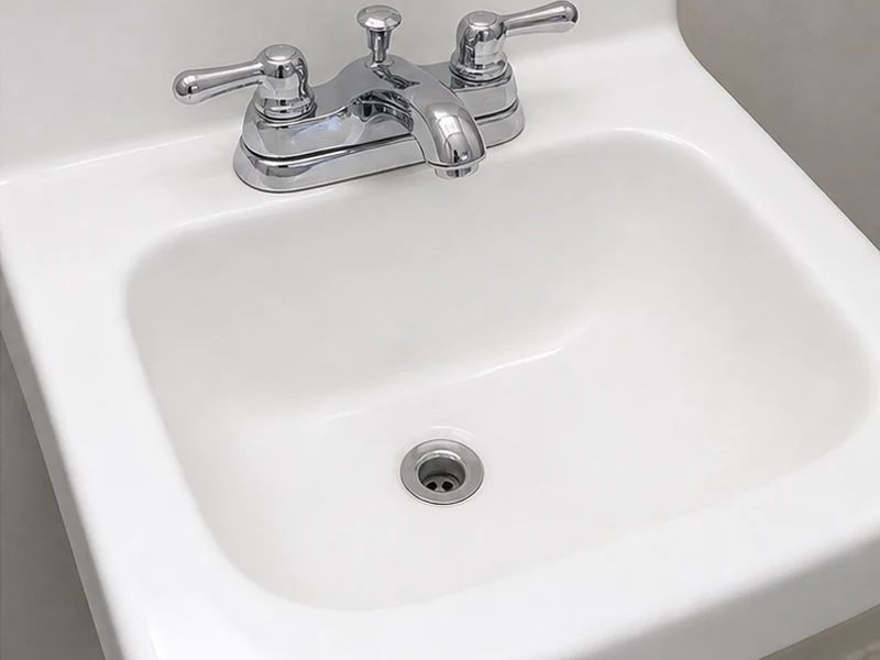 Porcelain bathroom sink after reglazing, even glossy white basin with a repaired chip, Santa Clara