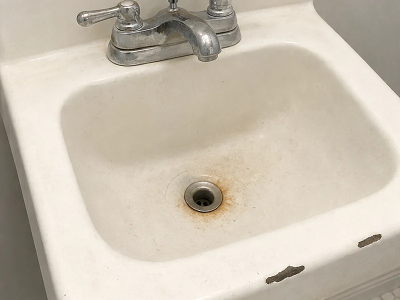 Vintage chipped porcelain bathroom sink with rust staining around the drain before reglazing, Santa Clara